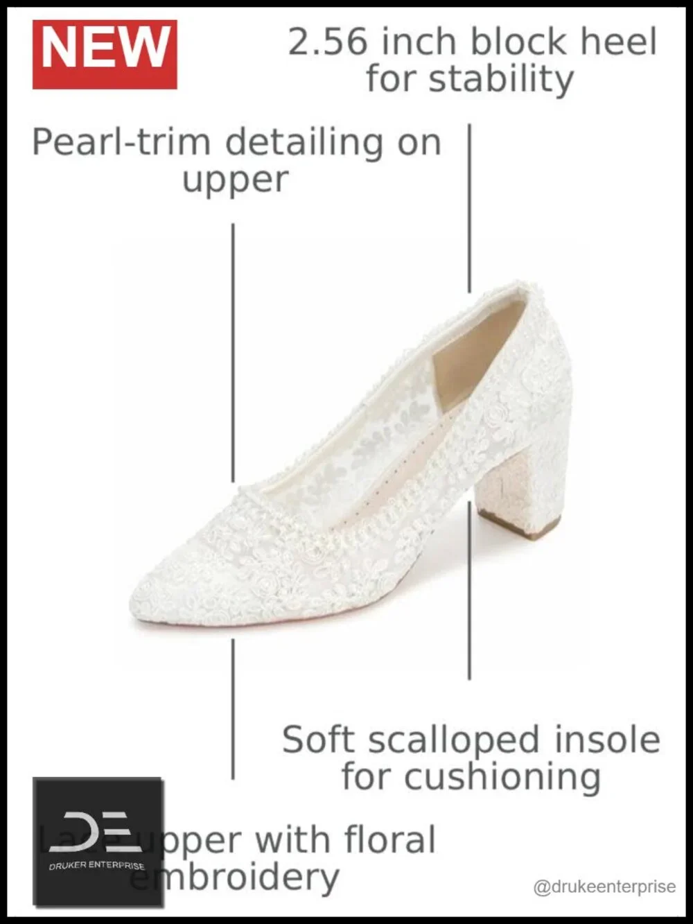 Women's Ivory Lace Pearl Block Heel Pumps - 2.56 Inch Heel